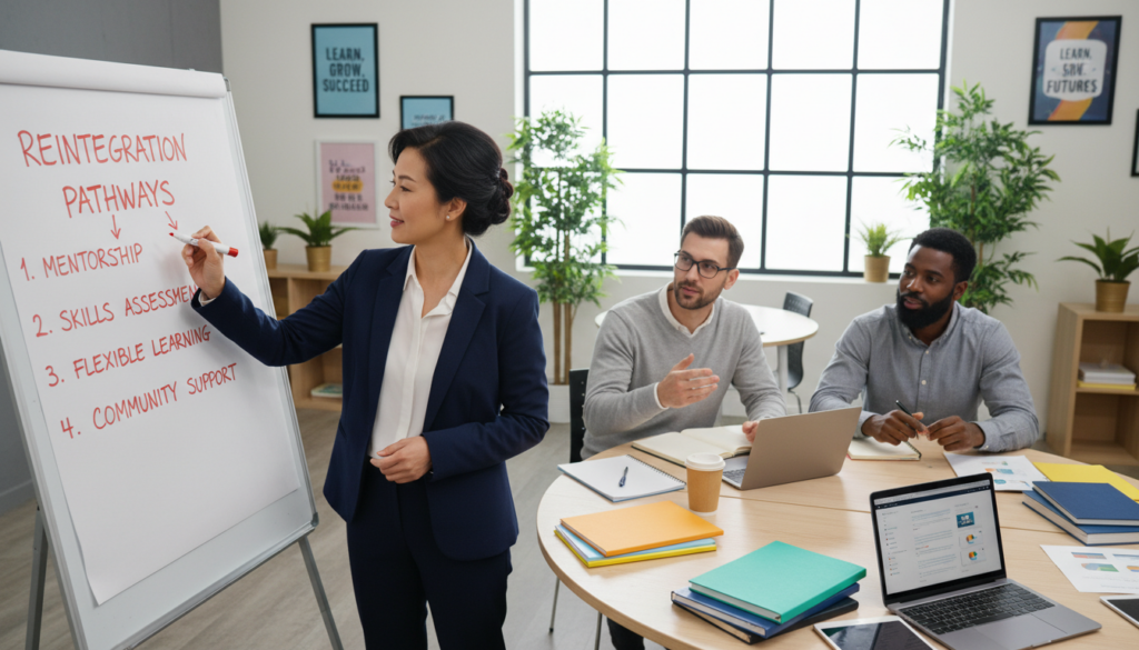 A diverse group of professionals engaged in a collaborative workshop setting focused on educational reintegration. In the foreground, a middle-aged woman in business attire writing on a whiteboard, illustrating practical tips and tools for reintegration. In the middle ground, two men, one wearing glasses and another with a notepad, discussing strategies while seated at a round table cluttered with educational materials and tools like planners, laptops, and printed resources. The background features a bright, modern classroom with large windows, natural light pouring in, plants in the corners, and motivational posters on the walls. The atmosphere is engaging and positive, reflecting a supportive and productive environment for sharing knowledge and strategies. The image is taken from a slightly elevated angle to capture the overall scene.
