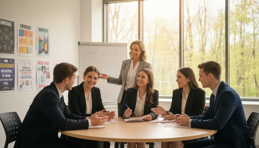 A modern classroom setting focusing on the concept of school re-integration. In the foreground, a diverse group of students, dressed in professional business attire, is engaged in collaborative activities, showcasing unity and support. In the middle ground, a teacher, a middle-aged woman, guides the discussion, emphasizing inclusivity and encouragement. The classroom walls are decorated with motivational posters about growth and resilience. In the background, large windows let in natural light, creating a warm and inviting atmosphere. A soft-focus background features trees outside, symbolizing growth and new beginnings. The mood is positive, highlighting teamwork and the importance of education in re-integrating students into the learning environment. The composition should be well-lit, with a slight depth of field to focus on the individuals while hinting at the vibrant classroom environment.