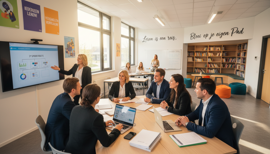 A modern educational setting showcasing the benefits of "2e spoor onderwijs." In the foreground, a diverse group of five professionals, including men and women in business attire, engage in a collaborative discussion around a table filled with laptops and documents. In the middle ground, a bright and airy classroom features large windows letting in natural light, with educational posters emphasizing inclusivity and alternative pathways for students. The background consists of a cozy reading nook with bookshelves and inspirational quotes about learning and growth. The overall atmosphere is optimistic and encouraging, conveying the supportive nature of this educational approach. Soft, warm lighting enhances the inviting mood, while a wide-angle lens captures the entirety of the space, emphasizing interconnectedness and engagement in the learning process.