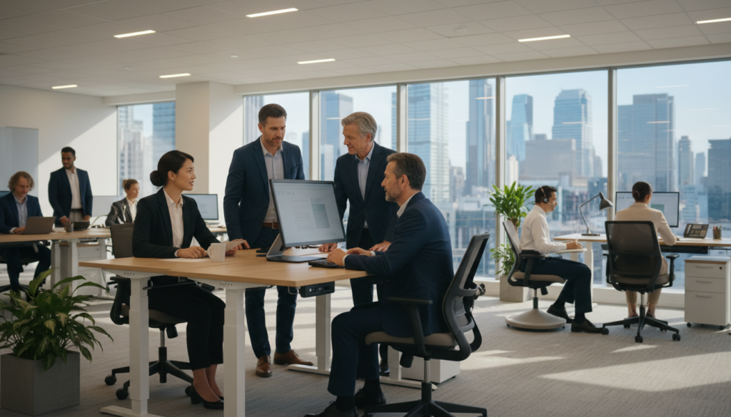 A modern office scene depicting effective workplace adjustments for individuals re-entering the workforce after illness. In the foreground, a diverse group of professionals, dressed in smart business attire, engage in a collaborative discussion around an adjustable desk with ergonomic furniture. The middle ground features a bright, open workspace filled with natural light, showcasing flexible seating options and assistive technology, such as screen magnifiers and speech recognition devices. In the background, large windows reveal a cityscape, symbolizing opportunities and growth. The lighting is soft and warm, creating an inviting atmosphere that encourages support and inclusivity. The angle captures a dynamic perspective, emphasizing teamwork and empowerment in a professional environment.