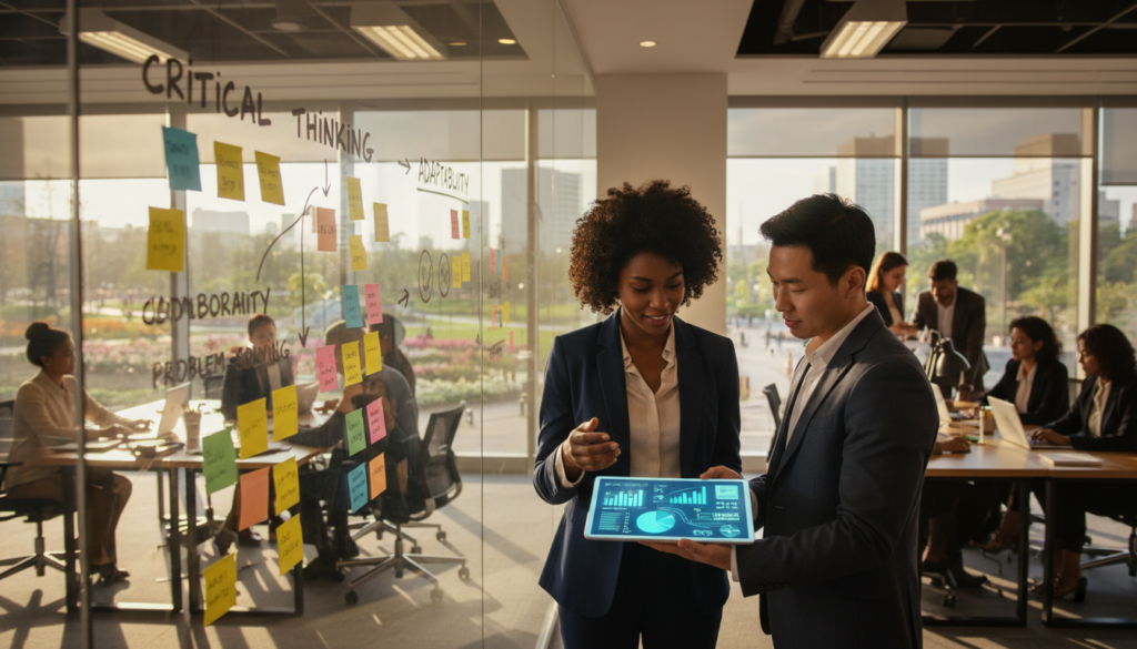 A modern office setting showcasing a diverse group of professional individuals engaged in a collaborative work environment. In the foreground, a woman of African descent and a man of Asian descent, both dressed in smart business attire, are brainstorming over a digital tablet filled with graphs and interactive content. The middle ground features a large whiteboard filled with colorful sticky notes and diagrams, representing 21st-century skills like critical thinking, creativity, and collaboration. In the background, large windows let in natural light, highlighting a lush green park outside, symbolizing growth and opportunity. The atmosphere conveys a sense of innovation and teamwork, utilizing warm lighting to create an inviting, inspirational mood. The angle captures the dynamics of the workspace, emphasizing engagement and forward-thinking.