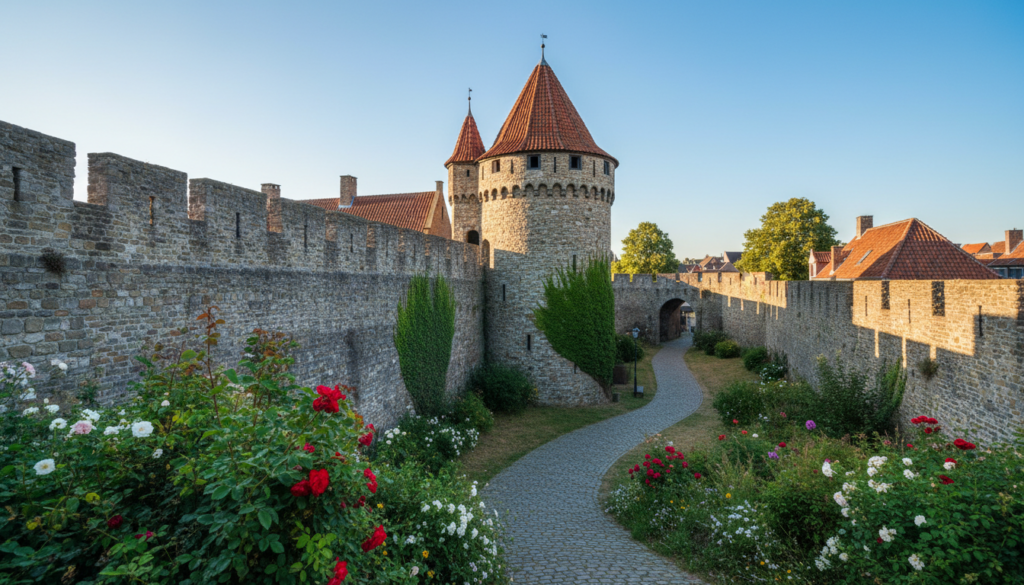 A picturesque view of the medieval city walls of Amersfoort, showcasing their impressive stone structure and historical architecture. In the foreground, vibrant greenery and blooming flowers add a touch of life, while a cobblestone pathway winds along the base of the walls. The middle ground reveals a fortified tower, partially overgrown with ivy, majestically standing against a clear, blue sky. In the background, hints of medieval rooftops peek through the walls, enhancing the sense of history. The scene is illuminated by soft, golden sunlight, casting gentle shadows that evoke a warm, inviting atmosphere. The composition is captured from a slightly elevated angle, ensuring the full grandeur of the city walls is visible, embodying a serene yet captivating medieval vibe.