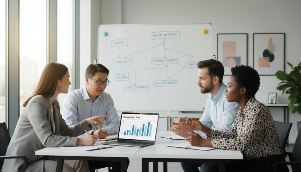 A professional and modern office setting, featuring a diverse group of four individuals engaged in a collaborative meeting. In the foreground, a young woman in business attire points to a colorful chart labeled "Reintegration Plan" on a laptop screen. Beside her, a middle-aged man takes notes, while a young man and a woman exchange ideas, all appearing focused and determined. In the middle ground, a large whiteboard displays brainstorming keywords and diagrams related to reintegrating education, illuminated by soft, natural lighting from large windows. The background shows a sleek, modern office with minimalistic decorations, conveying a sense of professionalism and optimism. The overall mood is one of collaboration, positivity, and progress, as the group works together step by step.