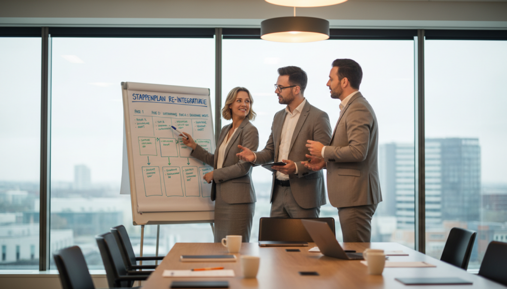 A professional business meeting scene illustrating a "stappenplan re-integratie." In the foreground, a diverse group of three business professionals—two men and one woman—discuss a large, detailed flowchart on a whiteboard, dressed in smart business attire. Their expressions convey focus and determination. In the middle ground, a table is adorned with notebooks, laptops, and coffee cups, symbolizing collaboration and planning. The background features a bright, modern office space with large windows allowing natural light to flood in, creating an optimistic atmosphere. The camera angle is slightly elevated, captured in a sharp focus to emphasize the participants and the flowchart. Soft, warm lighting enhances the supportive mood of teamwork and strategic thinking, fostering an environment of successful reintegration.