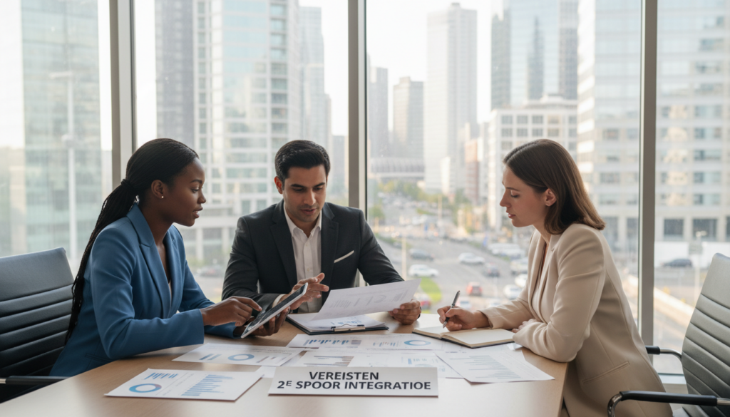 A professional business meeting scene illustrating "vereisten 2e spoor integratie". In the foreground, a diverse group of three individuals in business attire - a Black woman, a South Asian man, and a Caucasian woman - engaged in a vibrant discussion, using documents and a digital tablet. In the middle, a modern meeting table filled with charts and reports outlining the integration requirements, with bright, sleek office furniture. In the background, large windows reveal a bustling city skyline bathed in natural sunlight, creating a bright and optimistic atmosphere. The mood is collaborative and focused, with soft lighting highlighting their expressions. The angle is slightly elevated, giving a comprehensive view of the interaction and setting.