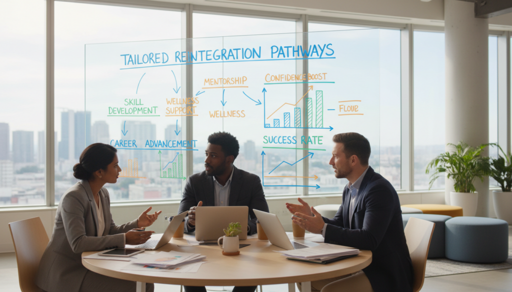 A professional business setting depicting a personalized reintegration program. In the foreground, a diverse group of three professionals—one woman and two men—engaged in a collaborative discussion around a table filled with documents and digital devices. They are dressed in smart business attire. In the middle ground, a whiteboard displays colorful charts and diagrams illustrating the advantages of tailored reintegration pathways. The background shows a modern office environment with large windows allowing natural light, giving a sense of openness and positivity. The overall mood of the scene is optimistic and focused on professional growth and support. Soft, diffused lighting adds to the warm atmosphere, enhancing the feeling of collaboration and inclusivity.