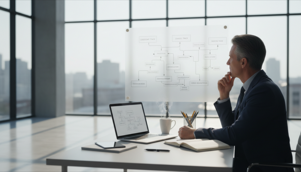 A professional business setting depicting an individual in smart business attire, sitting at a contemporary desk, contemplating their career path. The foreground includes a well-organized desk with a laptop, notebooks, and a steaming cup of coffee. In the middle, the individual, a middle-aged person with a thoughtful expression, gestures toward a large wall chart that outlines various career development pathways. The background features a modern office with large windows allowing natural light to flood in, casting soft shadows. The atmosphere is focused and introspective, evoking a sense of determination and future prospects. The lighting is bright and inviting, emphasizing positivity and growth.
