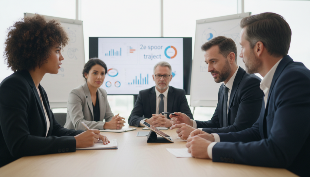 A professional business setting where a diverse group of individuals, dressed in business attire, engage in a collaborative discussion about the advantages of a "2e spoor traject." In the foreground, two people—with one holding a notepad and the other pointing at a digital tablet—are deeply focused on the conversation. In the middle ground, two more individuals are seated at a modern conference table, with business graphs and charts displayed on the wall behind them. The background features large windows letting in natural light, creating a bright and optimistic atmosphere. The mood is collaborative and insightful, emphasizing positivity and growth. Use soft lighting with a shallow depth of field, creating a warm, inviting ambiance.