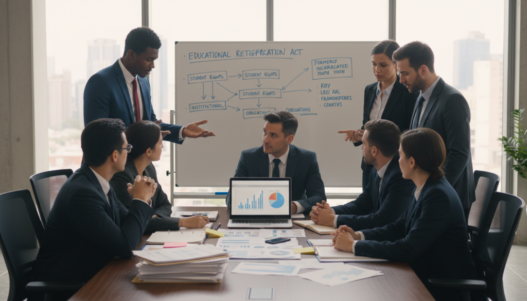 A professional office environment, showcasing a diverse group of individuals engaged in a strategic discussion about educational reintegration laws. In the foreground, a table filled with legal documents, charts, and a laptop displaying graphs. Individuals, dressed in smart business attire, appear focused and collaborative, exchanging ideas. In the middle, a large whiteboard covered in notes and diagrams, outlining key legal frameworks and obligations related to education reintegration. The background features a modern office with large windows allowing natural light to flow in, creating a bright and optimistic atmosphere. The overall mood should be serious yet inspirational, reflecting the importance of the topic while encouraging a sense of teamwork and progress.