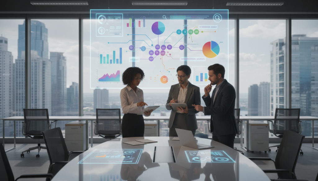 A professional office setting showcasing a modern workspace focused on advanced search techniques. In the foreground, a diverse group of three professionals in business attire gather around a sleek conference table, engaged in a discussion over digital devices displaying innovative search strategies. The middle ground features a large digital screen displaying colorful graphs and icons representing data analytics and search engines. The background presents tall windows with a city skyline, allowing natural light to flood in, creating a bright and inspiring atmosphere. The lighting is soft and inviting, emphasizing collaboration and innovation. The image captures a mood of ambition and intelligence, reflecting the effective use of smart search techniques in a corporate environment.