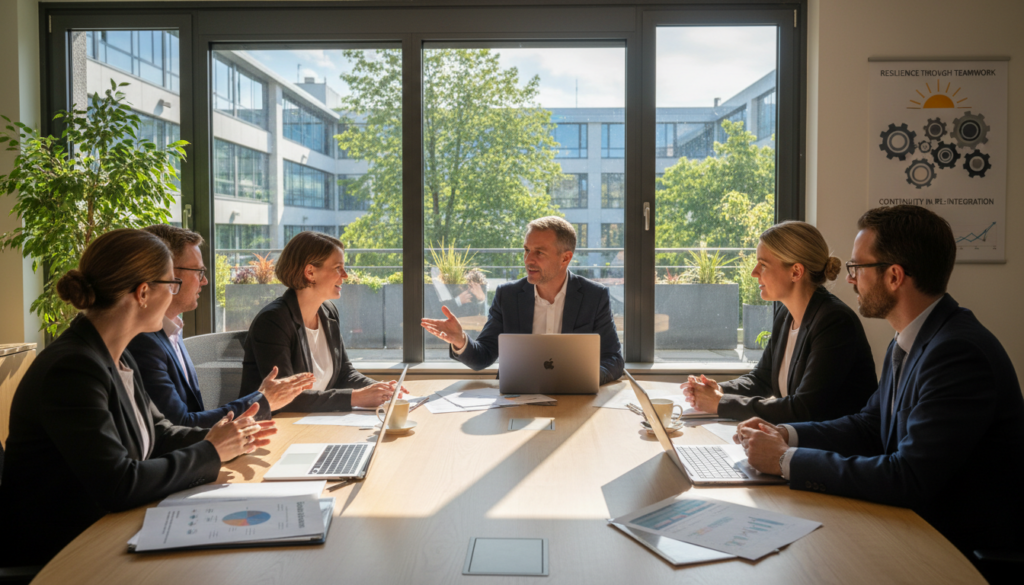 A professional setting focused on "terugvalpreventie" – in the foreground, a diverse group of adults in business attire, actively engaging in a discussion at a sleek conference table. They are surrounded by laptops, charts, and documents that reflect their progress in integrated work solutions. In the middle ground, a large window reveals a modern office environment with greenery outside, promoting a feeling of sustainability and growth. In the background, a motivational poster about resilience and teamwork hangs on the wall, subtly enhancing the atmosphere. Natural light floods the room, creating a warm and inviting ambiance that symbolizes hope and continuity in re-integration. The composition is balanced and harmonious, reflecting a positive outlook on sustained employment after re-entry into the workforce.