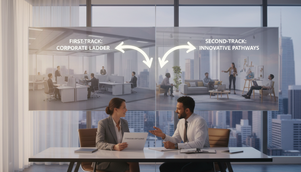 A professional setting showcasing the contrast between first-track and second-track career coaching opportunities. In the foreground, two diverse business professionals in business attire are engaged in a discussion, with one holding a folder labeled "Career Options." The middle ground displays a divided path, symbolizing the two tracks: one side reflects a conventional office environment, while the other represents more flexible, creative workplaces. The background features a city skyline, illustrating professional growth. Soft, natural lighting pours in from large windows, creating an optimistic atmosphere. The scene captures a moment of collaboration and exploration of career pathways, aiming to inspire hope and direction.