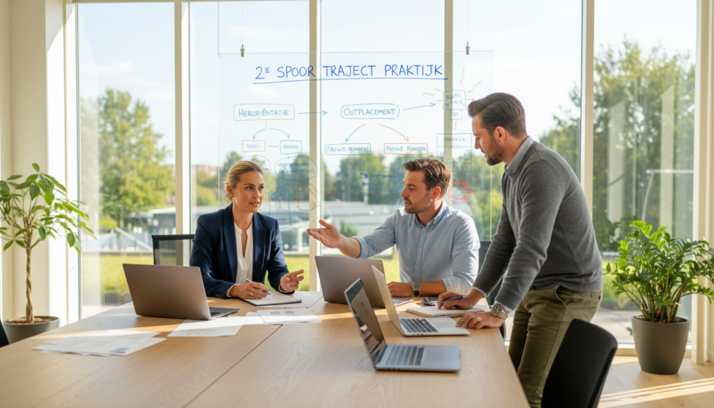A professional workspace depicting the "2e spoor traject praktijk." In the foreground, a diverse group of three business professionals—a woman in a smart business blazer, a man in a crisp shirt, and another individual in business casual attire—engaged in a productive discussion around a large table strewn with documents and laptops. In the middle, a whiteboard filled with colorful diagrams and notes illustrates the practical aspects of the 2e spoor trajectory. In the background, large windows let in soft, natural light, illuminating the modern office space with greenery visible outside. The atmosphere is collaborative and focused, evoking a sense of purpose and professionalism. The image should convey a bright, optimistic mood, captured from a slightly elevated angle to showcase the teamwork and engagement.