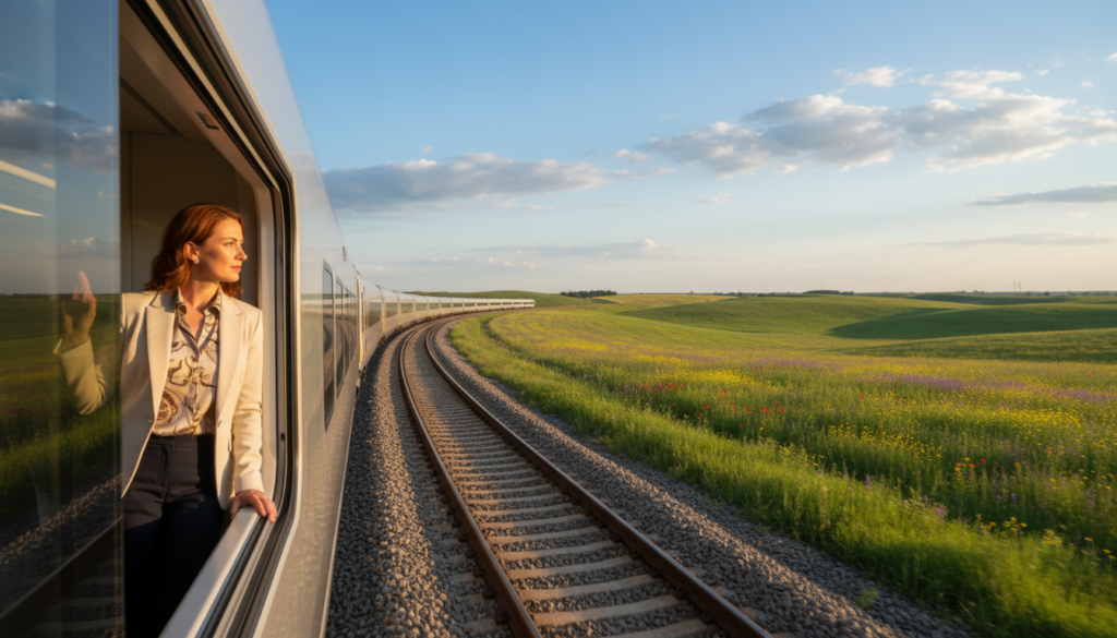 A scenic train journey through lush green countryside, showcasing a modern train gliding smoothly along the tracks. In the foreground, a well-dressed businesswoman peers out the window, contemplating the passing landscape, wearing smart casual attire. The middle ground features vibrant fields dotted with wildflowers, while the tracks stretch into the horizon. In the background, a clear blue sky enhances the tranquil atmosphere, with fluffy white clouds scattered above. The scene is illuminated by soft, natural sunlight, creating a warm and inviting mood. The angle is slightly elevated, capturing the dynamic movement of the train and the serenity of the journey, evoking a sense of adventure and ease in travel.