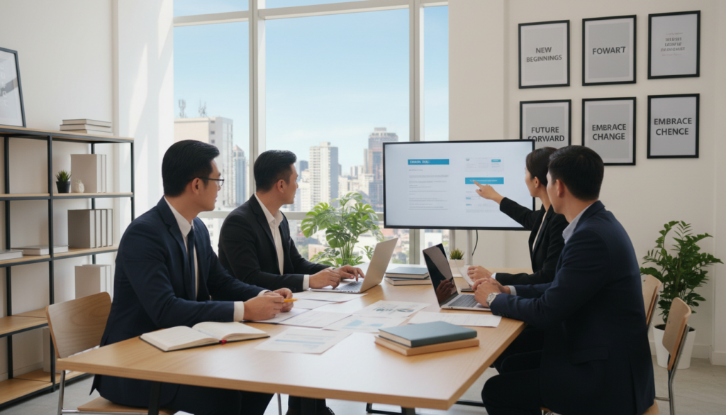A serene, modern office setting symbolizing a successful outplacement journey. In the foreground, a diverse group of professionals in business attire—two men and two women—are engaged in a collaborative discussion around a sleek table scattered with resumes and career resources. The middle ground features a large window showcasing a vibrant cityscape, suggesting opportunity and growth. Soft, natural lighting floods the room, creating an uplifting atmosphere. In the background, motivational posters with positive affirmations adorn the walls, enhancing the mood of success and encouragement. The camera angle is slightly elevated, capturing the dynamic interactions and focused expressions of the individuals, conveying a sense of optimism and determination throughout the scene.