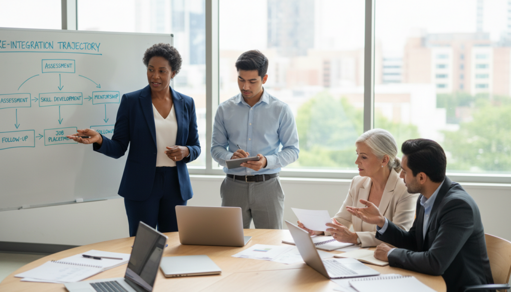 A warm and inviting office environment showcasing a diverse group of professional individuals engaged in a collaborative workshop on re-integration and training. In the foreground, a middle-aged Black woman in a smart business suit is presenting a flowchart on a whiteboard, illustrating the steps in the re-integration trajectory. To her right, a young South Asian man in business casual attire takes notes, while an older Caucasian woman and a Hispanic man, both dressed in professional clothing, discuss potential strategies. The middle layer features a round table with laptops and documents scattered about, emphasizing active engagement. The background shows large windows with soft, natural light streaming in, creating an uplifting atmosphere. Use a slightly elevated perspective to capture the whole scene, conveying a sense of collaboration and progress.